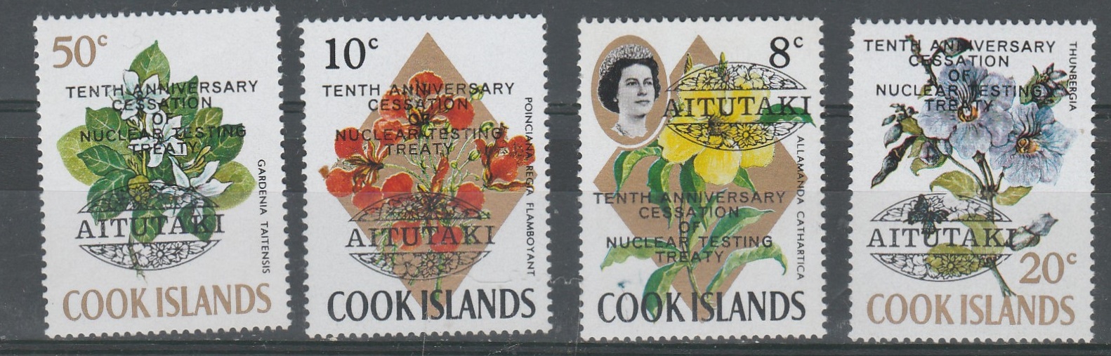 Аитутаки Острова Кука 1973 флора цветы надпечатка 10 лет договору о прекращении ядерных испытаний