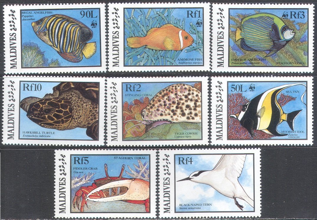 Мальдивы 1986 морская фауна черепахи крабы рыбы птицы