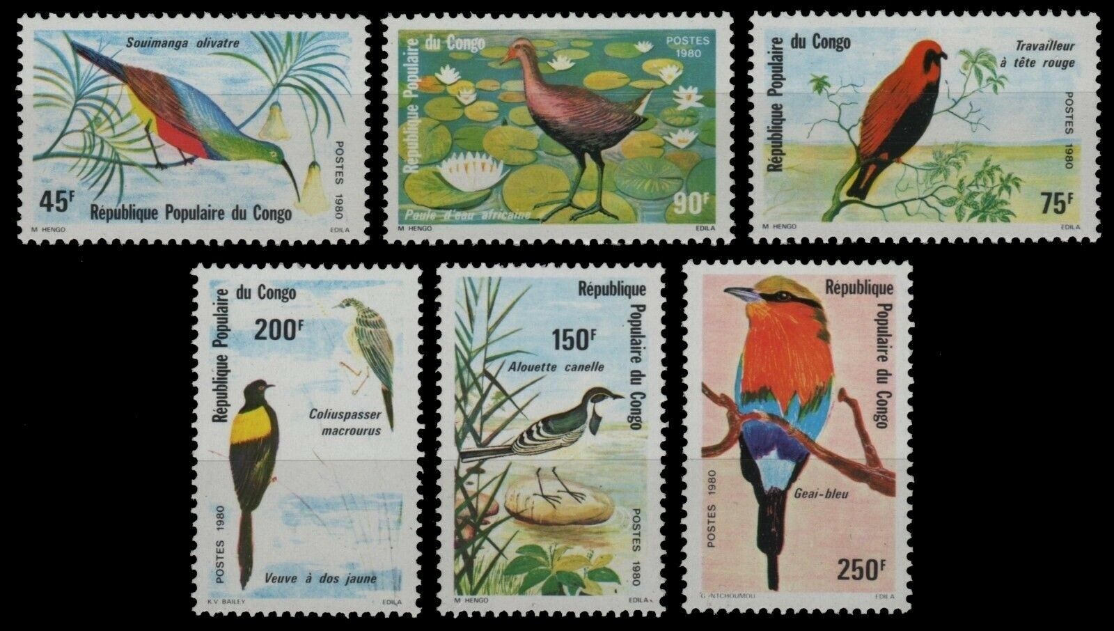 Конго (Браззавиль) 1980 фауна птицы сизоворонка нектарница ткач