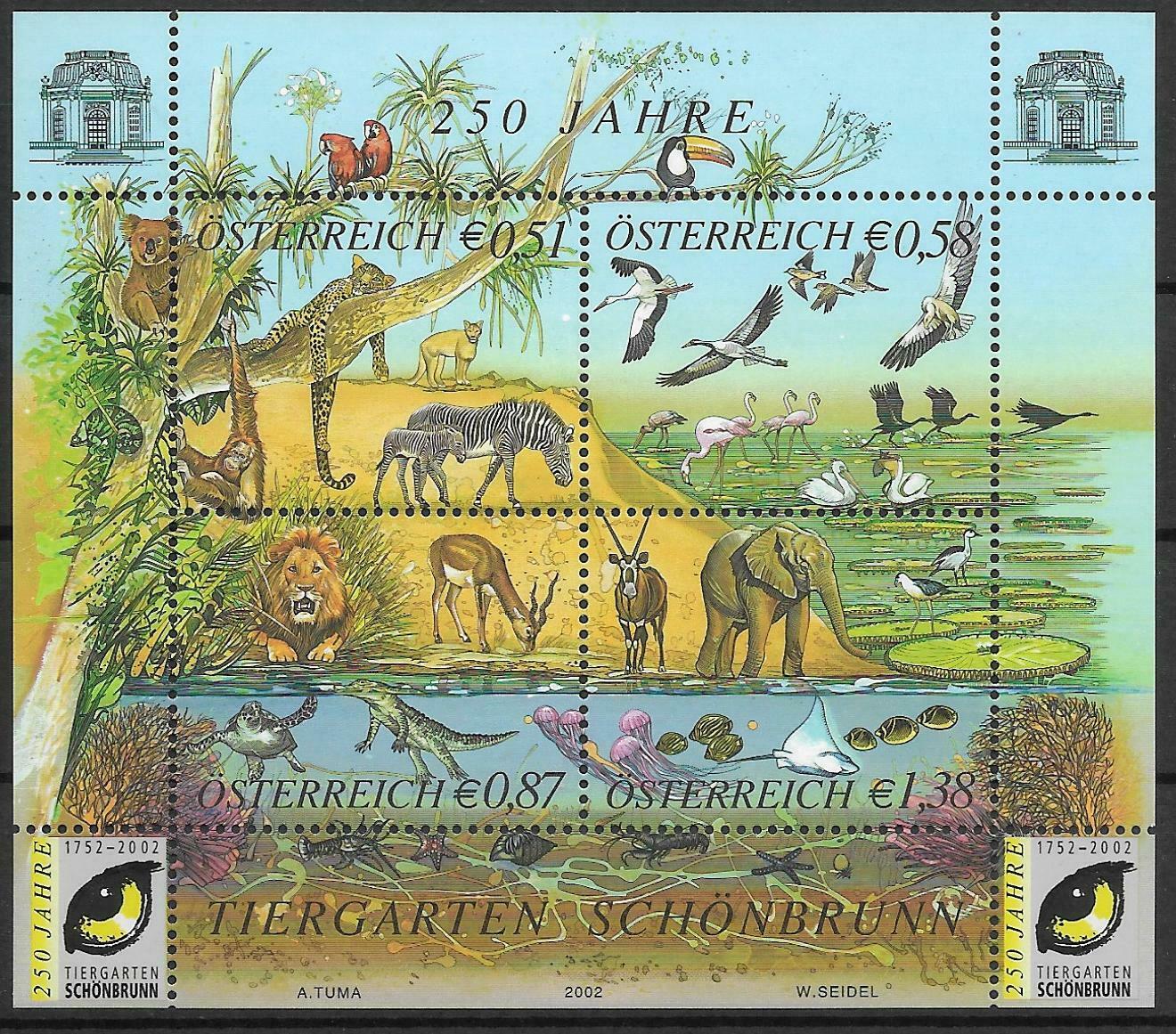 Австрия 2002 фауна дикие животные птицы, зоопарк Шенбрунн 250-летие