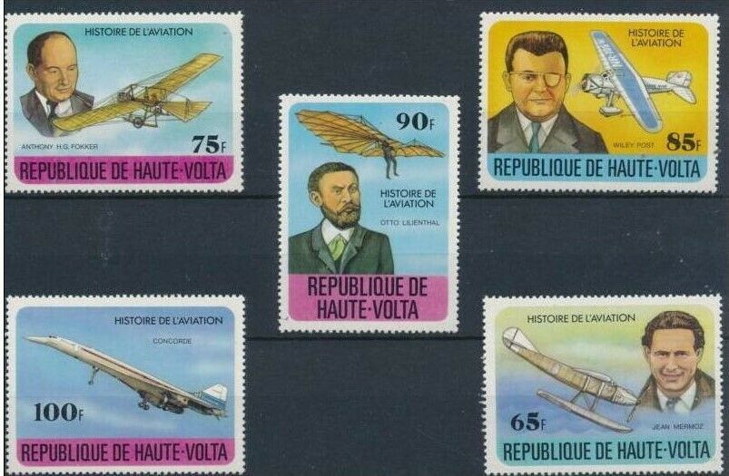 Верхняя Вольта 1978 транспорт авиация история авиаторы Фоккер, Мермоз, Лилиенталь, Пост, самолеты