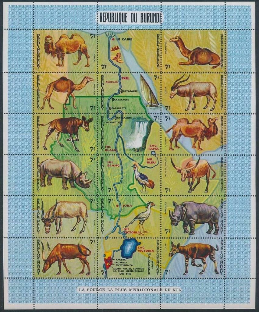 Бурунди 1970 фауна Африки   дикие животные долины Нила  карта