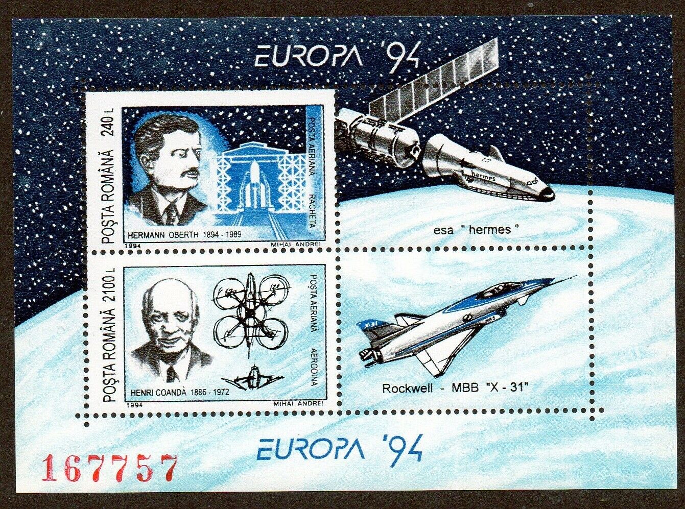 Румыния 1994 космос основоположники Герман Оберт, Анри Коанда, достижения