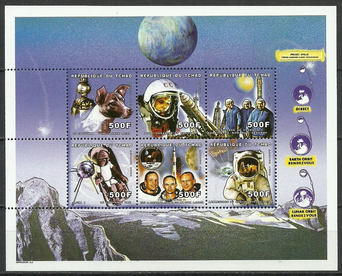 Чад 1999 космос достижения Ю. Гагарин, Спутник 1, Лайка, Луна 1, Аполлон 11