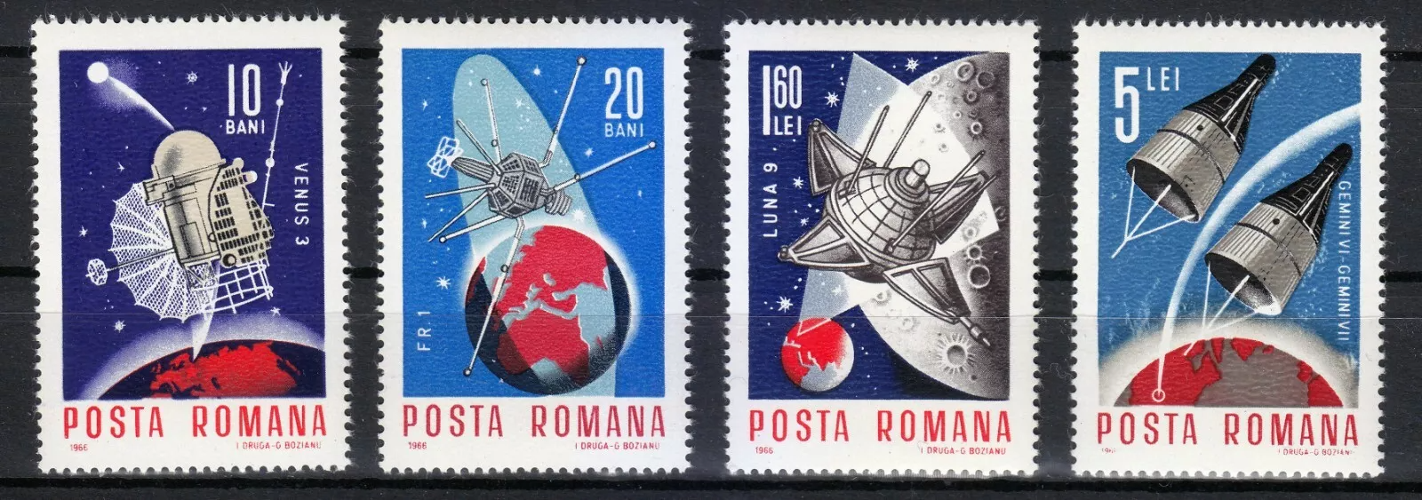 Румыния 1966 космос исследование,  спутники Луна-9, Венера-3 Джемини