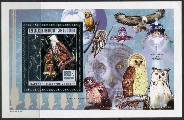 Конго 2004 фауна хищные птицы, космос Аполлон - 11 (серебряная фольга)