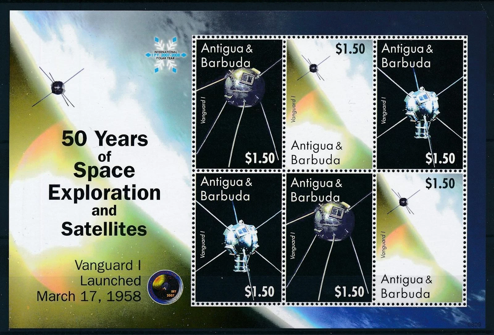 Антигуа Барбуда 2008 космос освоение 50-летие, спутник Vanguard 1 (Авангард 1)