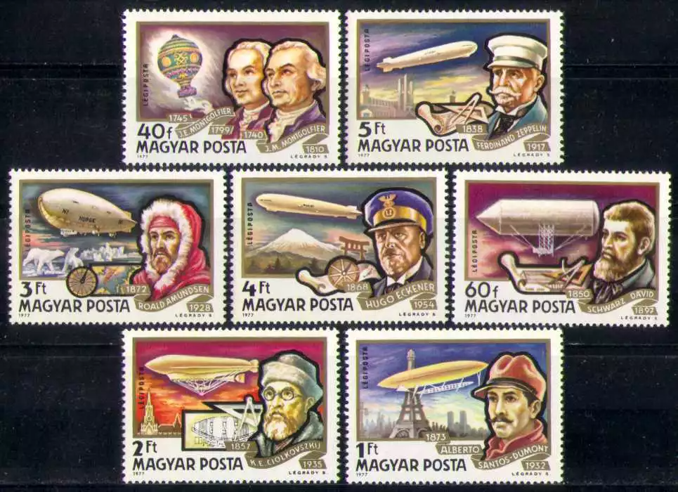 Венгрия 1977 авиация. Дирижабли воздухоплаватели. История развития. Циолковский, Амундсен, братья Монгольфье и др.