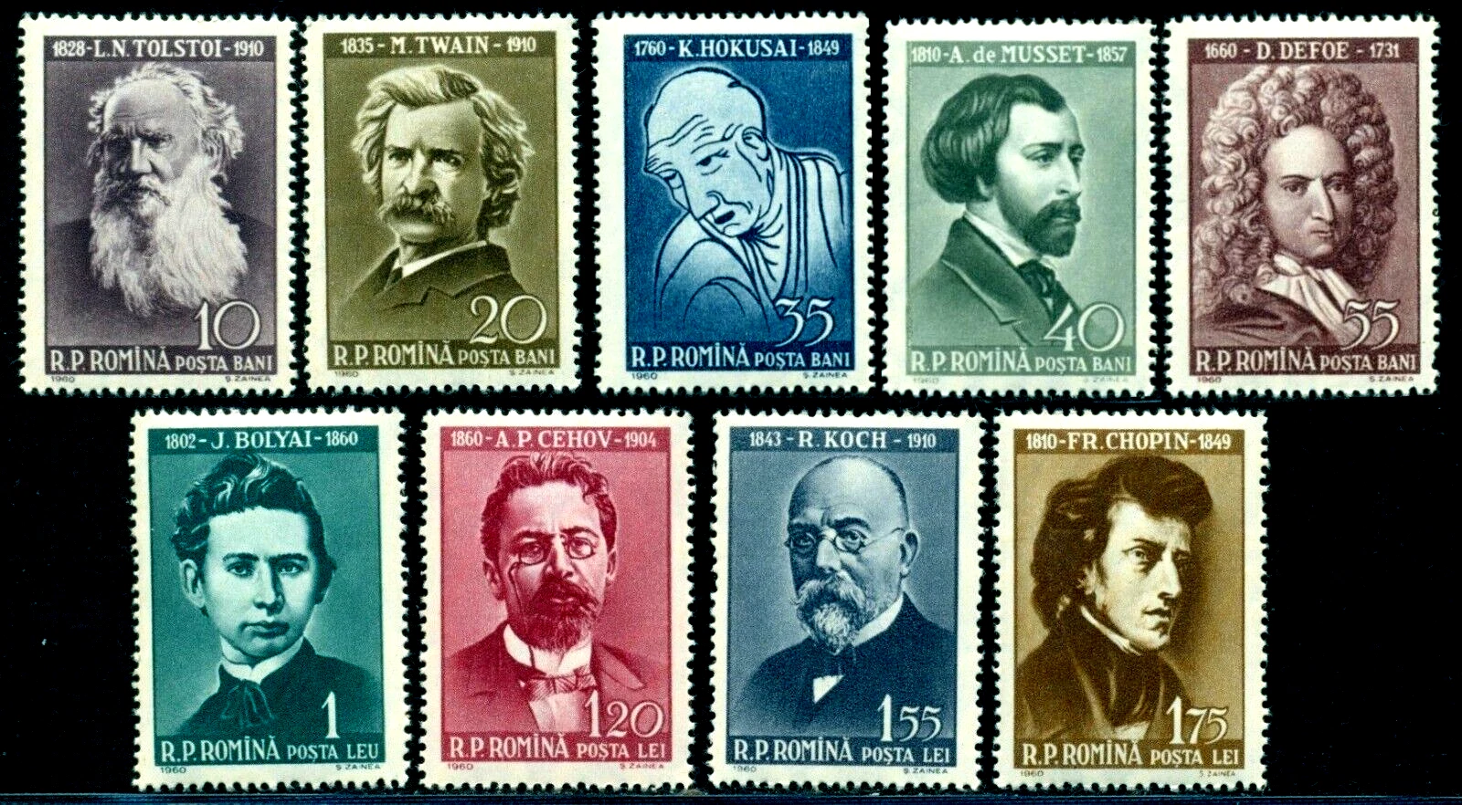 Румыния 1960 персоналии знаменитости: писатели Толстой, Чехов, Дефо, Твен, композитор Шопен, художник Хокусай и др., круглые даты