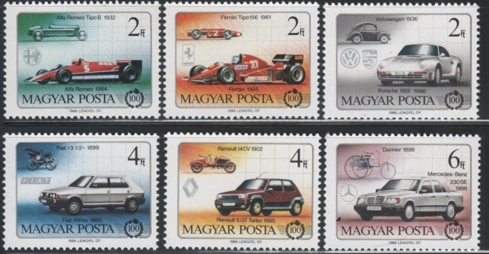 Венгрия 1986 транспорт автомобили 100-летие, гоночные авто, история